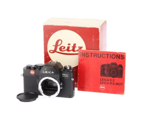 A Leica R3 MOT 35mm SLR Camera Body black, body VG, light seals tacky, with batteries inserted all shutter speeds work and th