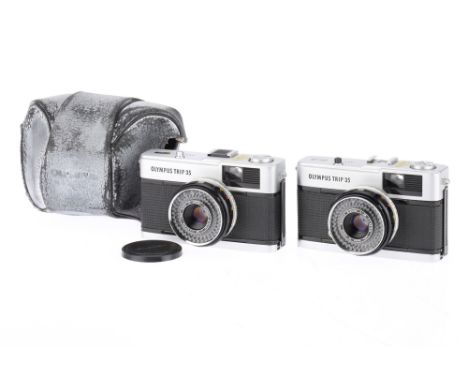 A Pair of Olympus Trip 35 Compact Viewfinder Cameras bodies G-VG, both shutters fire, and the cameras appear to respond to li