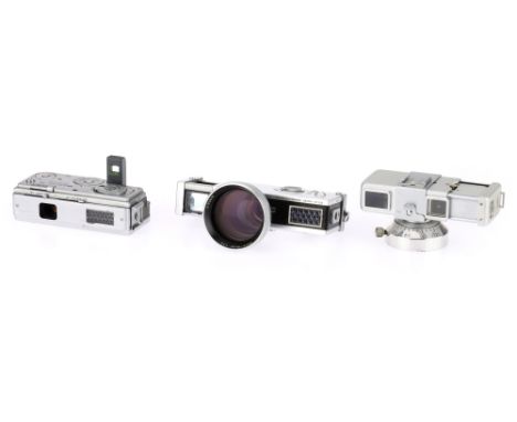 A Selection of Ultra Miniature Film Cameras to include a Rollei 16S, with accessory Carl Zeiss Mutar 1.7X magnifier, a Mamiya