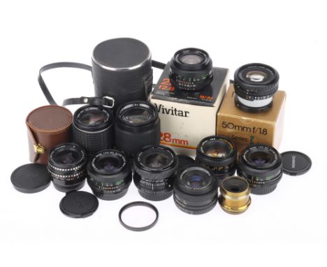 A Selection of Prime Camera Lenses, to include a Vivitar f/2.8 28mm, barrel G, optics G, in box, a Nikon E-series f/1.8 50mm,