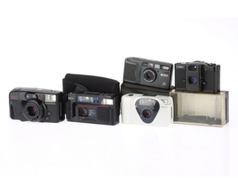 A Selection of 35mm Compact Cameras to include a Ricoh FF-70, body VG, powers up and takes a picture when battery inserted, a