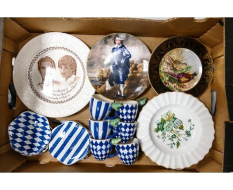 A Mixed Collection Ceramics to include an unmarked Frog-handled set of Cups and Saucers, Crown Staffordshire The Bue oiy wall