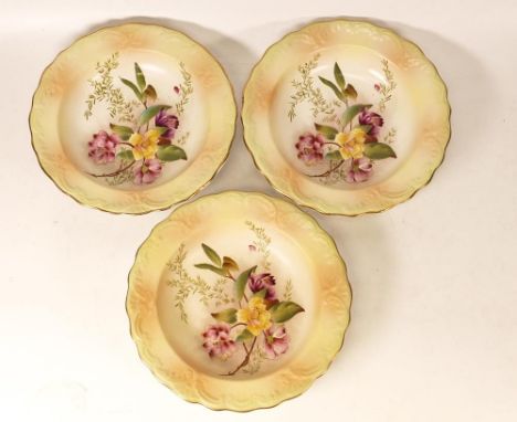 Three Carltonware Wiltshaw &amp; Robinson Blushware Dessert Bowls in the Camelia Pattern with Peach and Green ground to rim, 
