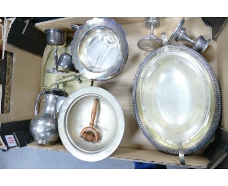 A mixed collection of silver plated &amp; brass items to include candlesticks, dinnerware, nut cracker etc 