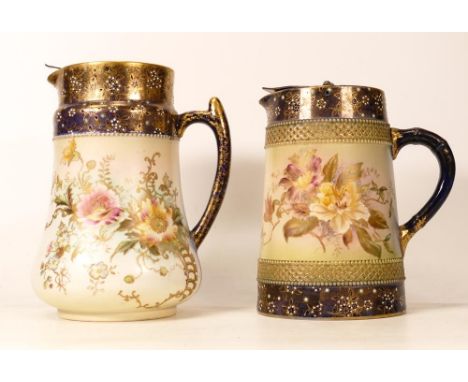 Two Carltonware Ivory Blushware Jugs with Pewter Lids in the Arvista and similar floral Patterns with flow blue base and top 