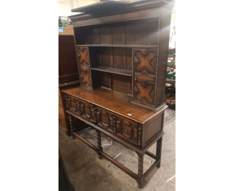 Early 20th century Oak Dresser, base on stretchered supports with two fall front doors (dresser top has two cabinet drawers) 