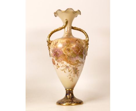 Carltonware Ivory Blushware Twin Handled Vase with Twist Handles in the Rose &amp; Curlicue Pattern. Flow Blue ground to mout