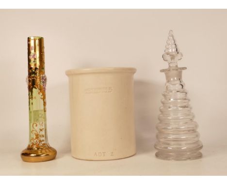 A Hathernware Ltd. Stoneware Storage Jar together wit a Conical Decanter and Beohemian Glass Enamel Vase. Height of tallest: 