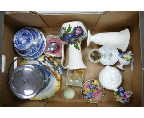 A mixed collection of items to include Wedgwood jasperware biscuit barrel , Royal Worcester blue &amp; white trio, Wedgwood Q