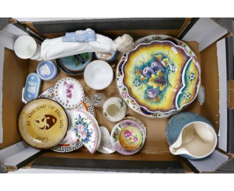 A Mixed Collection of Ceramics to include Nao Boy Figure, Wade BOAC Jug, Vases, Plates, Wedgwood Jasperware Trinket Pots (1 T