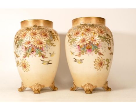 A Pair of Carltonware Wiltshaw &amp; Robinson Ivory Blushware Three Footed Vases, in the Old Anemone Patterns. Large Re-glued