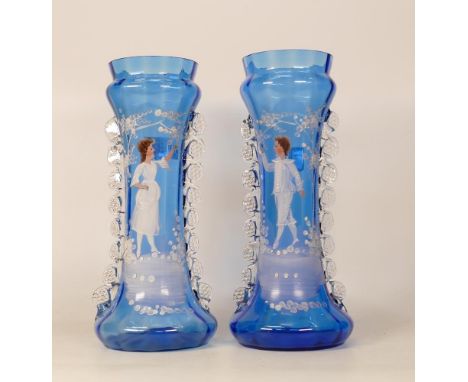 A Pair of Mary Gregory Style Blue Glass Vases with enamel decoration. Height: 28cm 
