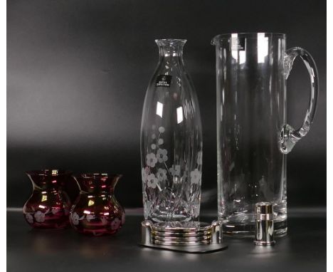 A Collection of Crystal and Glassware to include Royal Doulton Water Jug and Blossom Vase, Royal Albert Giftware Ruby Vases, 