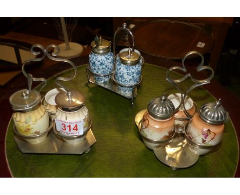 Three Carltonware Ivory Blushware Cruet Sets with silver plated mounts and stand. Two including spoons. (3) 