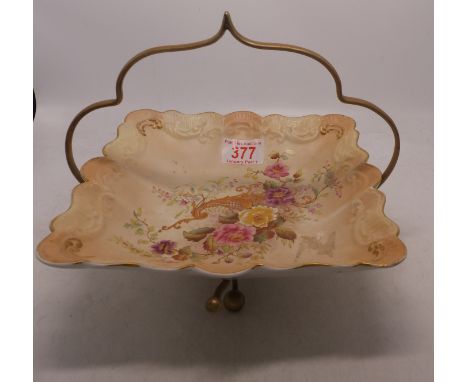 Carltonware Wiltshaw &amp; Robinson Ivory Blushware Bowl on Plated Stand in the Rose &amp; Curlicue Pattern, raised relief ri