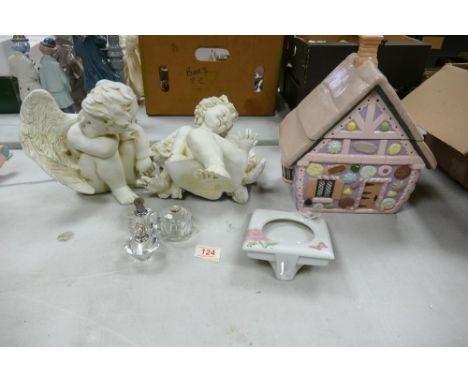 A mixed Collection of item to include Two Cherub Figures, Novelty Cookie jar, Glass Scent bottles etc 