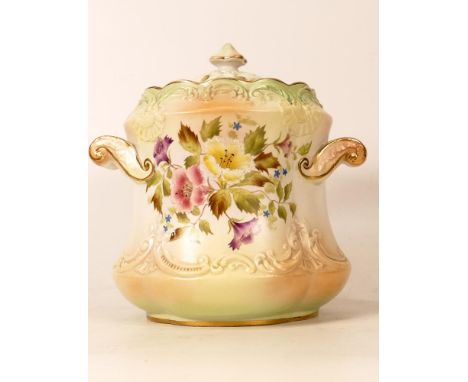 Carltonware Wiltshaw &amp; Robinson Ivory Blushware Biscuit Barrel in the Petunia Pattern. with faded green and gilt rim. Hei