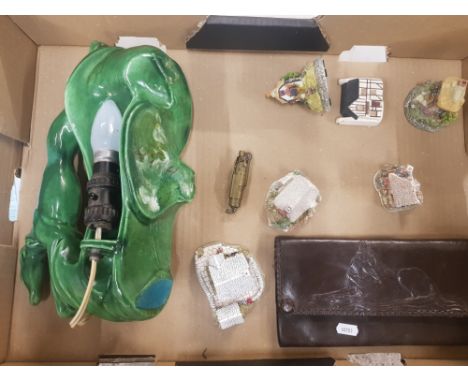 A mixed collection of items to include Art Deco Green greyhound ceramic lamp together with early 20th century leather purse, 