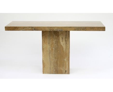 A 20th Century Travertine walnut stone console table with rectangular top and block base, 141cm wide together with a similar 