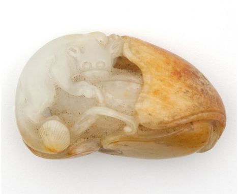 A Chinese white and russet jade carving of a squirrel and pumpkin, 3.7cm wide/see illustration