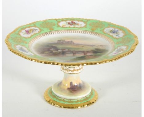 A Royal Worcester named comport, Richmond Castle, bridge and river in foreground within an apple green border, painted bouque