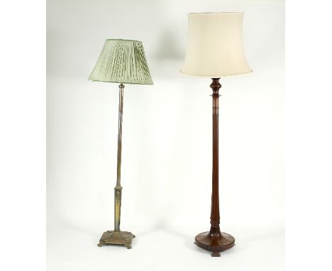 A turned wood standard lamp with reeded column and circular base, 180cm high and a steel standard lamp on a square base, 165c