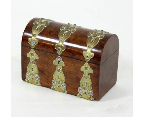 A Victorian yew wood tea caddy, brass bound with a domed cover, 23cm wide