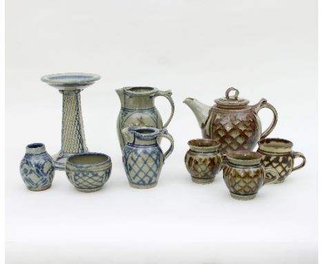 Nic Harrison (British, born 1949): a quantity of various domestic stoneware to include a teapot, a small pedestal, two jugs, 