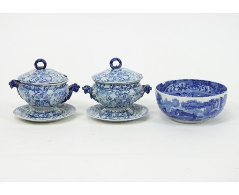 A pair of Ironstone blue and white sauce tureens, covers and stands, 16cm high and a Copeland Spode Italian pattern bowl, 19.