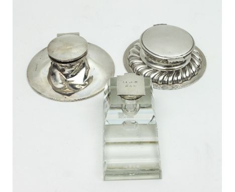 A glass and silver mounted inkwell and pen stand, Mappin & Webb, Birmingham 1936, the hinged cover dated 18. 8. 37, a capstan
