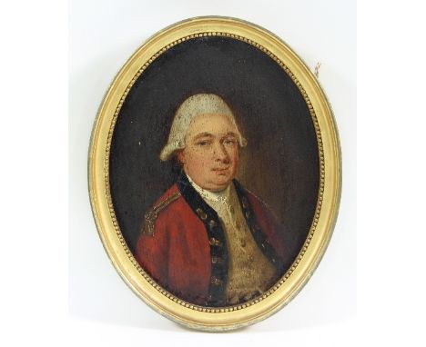 18th Century English School/Portrait of an Officer/bewigged and wearing a red jacket with gilded epaulettes/half length/oval 