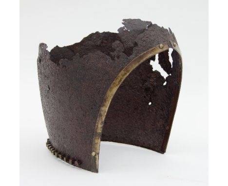 The remains of a bassinet helmet with later brass reinforcements, approximately 18.5cm wide/Provenance: By family repute this