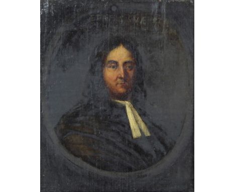 Late 17th Century English School/Bust Portrait of a Gentleman/wearing a white stock and brown coat/inscribed 'Aetatis Suae 57