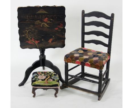 A ladder back nursing chair, a Victorian footstool and a lacquer table, the top decorated garden landscapes, buildings and a 