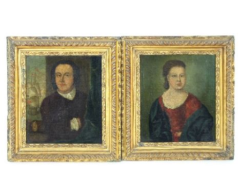 18th Century English School/Portraits of a Gentleman and Lady/half length, he with white stock and brown coat, a four-master 