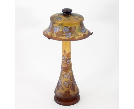 A Gallé style glass lamp, the bell shaped shade to a tapering baluster stem, 58cm high