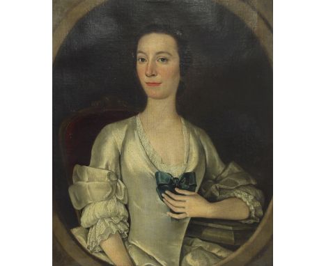 18th Century English School/Portrait of a Lady/seated on a red chair wearing a white satin dress with blue ribbons, her right