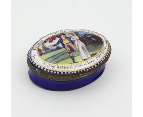 A Bilston enamel oval patch box, late 18th Century, the hinged cover decorated a courting couple within a white border inscri