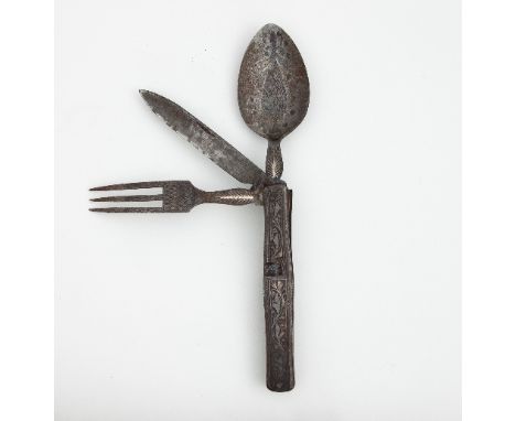 A steel hunting compendium of folding knife, fork and spoon, entirely engraved with foliage and scrolls, 11cm long when compa
