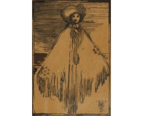 Edward Gordon Craig (British 1872-1966)/Portrait of a Lady/in a bonnet and cape/monogrammed and signed 1902/ink sketch, 20cm 