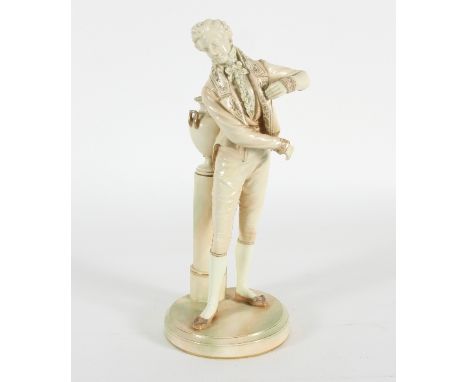 A Royal Worcester blush ivory figure of a gallant standing beside a pedestal and vase, signed Hadley, reg. 13661 no. 1027, 38