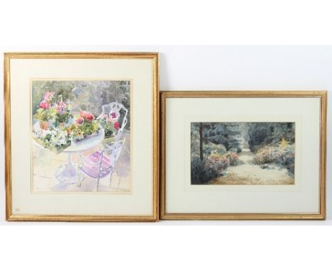 Attributed to Edward Van Goethem/Woodland Path/watercolour, 21cm x 34.5cm and/Salliann Putman/On The Patio/watercolour, 37cm 