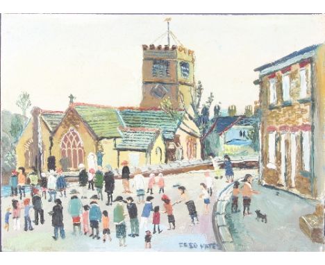 Fred Yates (British 1922-2008)/Going to Church - Twardreath, Cornwall/signed/label verso states date purchased, July 1977/oil