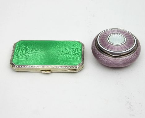 A silver and guilloche enamel cigarette box, import marks Glasgow 1926, of canted rectangular form, 8cm wide and a circular b