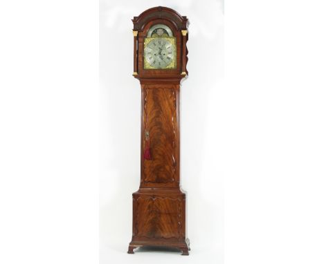 A Georgian mahogany longcase clock, the arched dial with 'High Tide at Bristol' key indicator, silvered chapter ring, subsidi