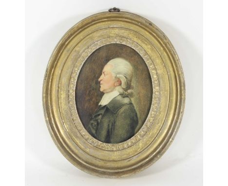 Early 19th Century English School/Portrait of a Gentleman/wearing a wig, white stock and grey coat, facing left/half length/o