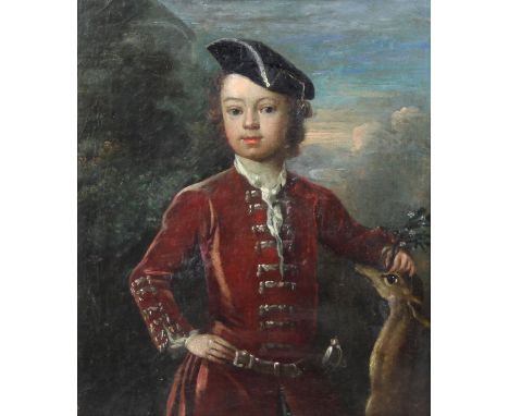 Circle of Joseph Highmore (18th Century)/Young Boy wearing a Black Hat and Tasselled Tunic, a Deer to his left side/three-qua