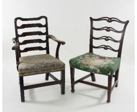 A Georgian mahogany ladder back single chair with upholstered seat on moulded taper legs and a ladder back armchair Condition