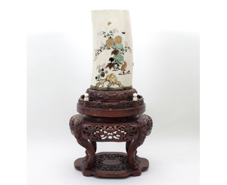 A Japanese ivory Shibayama tusk vase, Meiji period, inlaid and overlaid trees with various stones, mother-of-pearl and staine