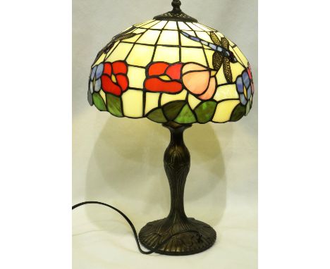 Brass based table lamp with painted glass shade, H: 54 cm. All electrical items in this lot have been PAT tested for safety a